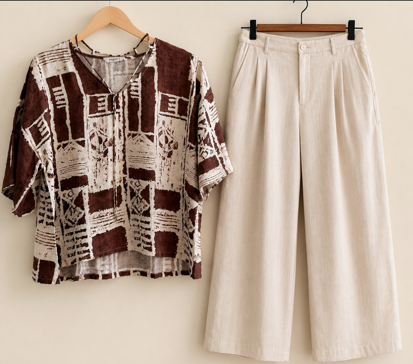 Printed Short Shirt Top with Cream Linen Trouser Co-ord Set
