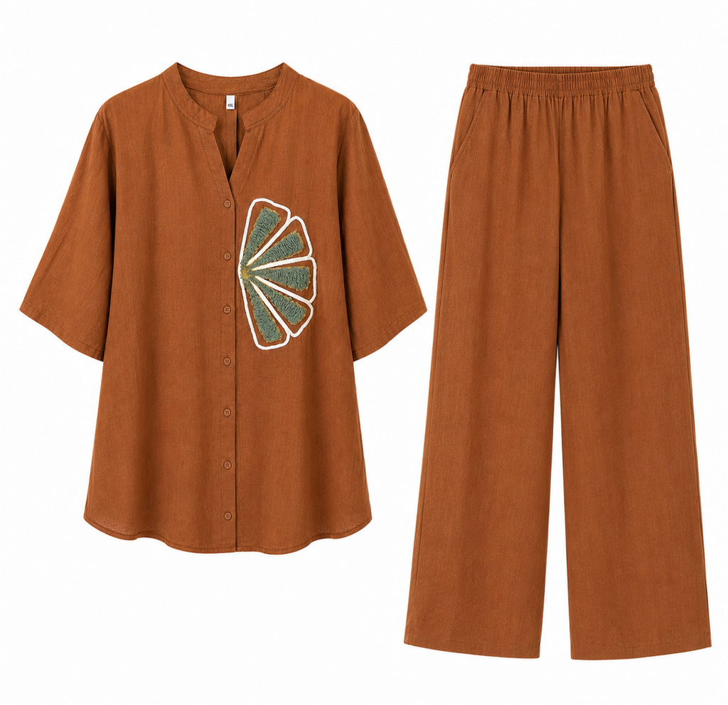 Brown Embroidered Co-Ord Set – Relaxed Fit